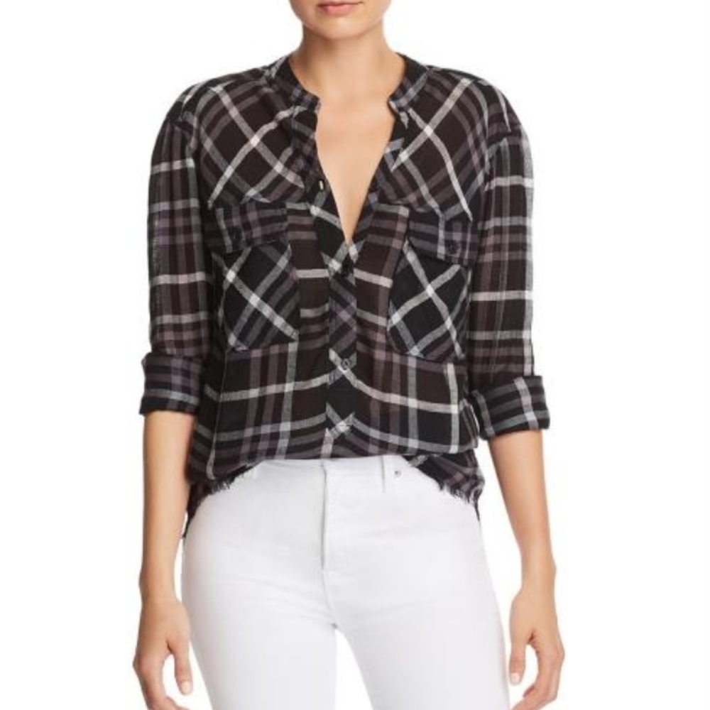 RAILS Womens Plaid Frayed Hem Casual Top